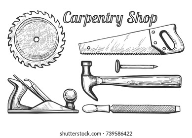 Vector illustration of woodworking or carpentry equipment tools icons. Instruments: circular or miter saw blade, plane, hammer and nail, hand saw, file. Hand drawn engraving style.
