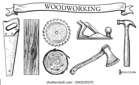 Vector illustration of a woodworking objects set: hand saw, circular blade, wooden slab, board, tree cross section, planer tool, hammer, ax, nail. Carpentry tools in hand drawn vintage engraving style