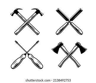 Vector illustration of a woodworking objects set: hammer, chisel, screwdriver, axe. Carpentry tools in hand drawn vintage engraving style svg