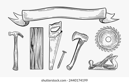 Vector illustration of a woodworking objects set: hand saw, circular blade, wooden slab, board, tree cross section, planer tool, hammer, ax, nail. Carpentry tools in hand drawn vintage engraving style