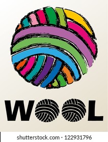 Vector illustration of WOOL colorful symbol and yarn drawing.