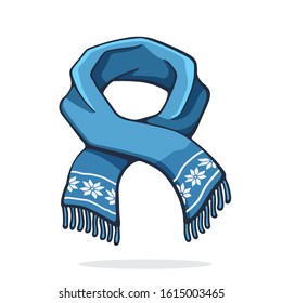 Vector illustration. Wool winter scarf with snowflake pattern. Accessory for cold weather. Graphic design with contour. Clip-art print for showcase, greeting card. Isolated on white background
