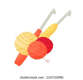 Vector illustration of wool yarn and knitting hooks. World Knitting Day in public. Favorite hobby. Cute and cartoon illustration. Handmade products, emblems, design
