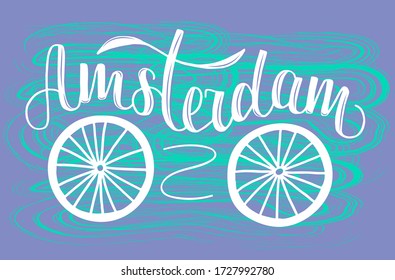 Ilustración vectorial de la palabra Amsterdam en colores suaves con icono de ruedas de bicicleta para productos de recuerdo, icono o emblema, salvapantallas para sitio, artículo y publicidad. Letras dibujadas a mano. Logotipo de la ciudad.