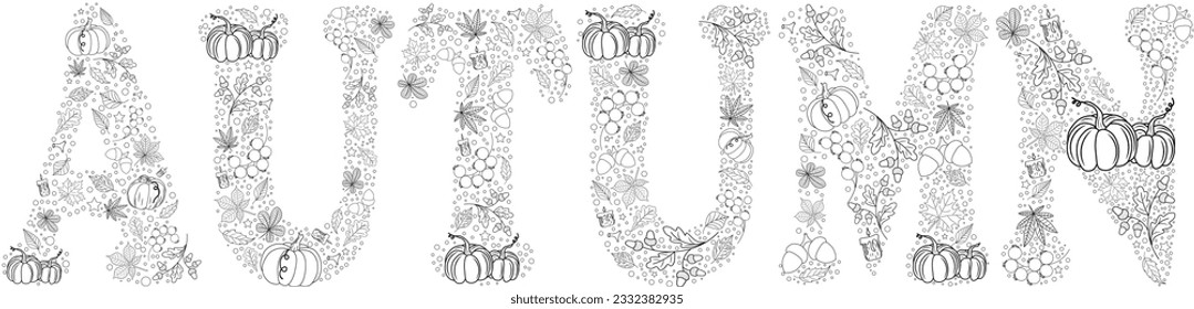 Vector illustration of the word "Autumn" from leaves, acorns, pumpkins, candles. Text banner for seasonal concept