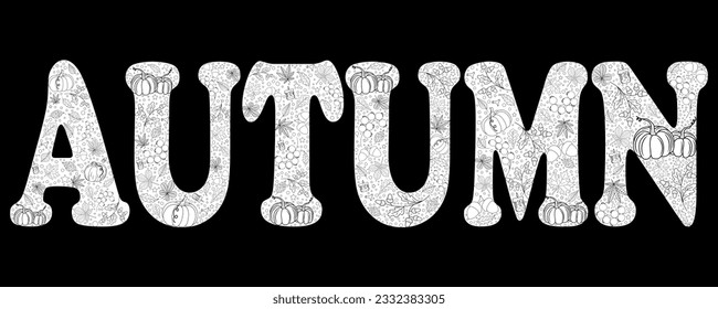 Vector illustration of the word "Autumn" from leaves, acorns, pumpkins, candles. Text banner for seasonal concept