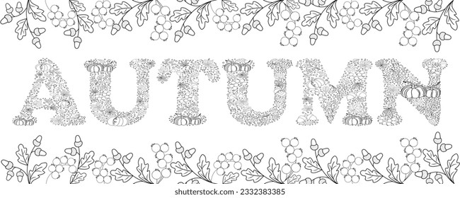 Vector illustration of the word "Autumn" from leaves, acorns, pumpkins, candles. Text banner for seasonal concept