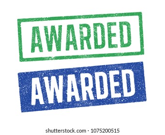 Vector illustration of the word Awarded in green and blue ink stamps