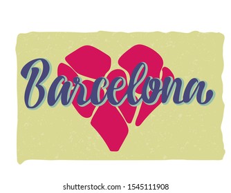 Vector illustration of word Barcelona with mosaic effect heart on color background  for souvenir products, logo, icon or emblem, products packaging and advertising.  