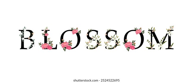 A vector illustration of the word blossom in elegant black typography, adorned with pink and white flowers. Perfect for spring-themed designs, floral branding, or feminine creative projects.
