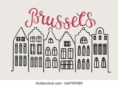 Vector Illustration Of Word Brussels In Red Color With Flemish Houses For Souvenir Products, Icon Or Emblem, Screensaver For Site, Article And Advertising. Hand Drawn Lettering