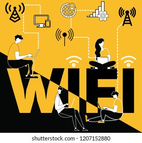 Vector Illustration of Word concept Wifi and people doing things