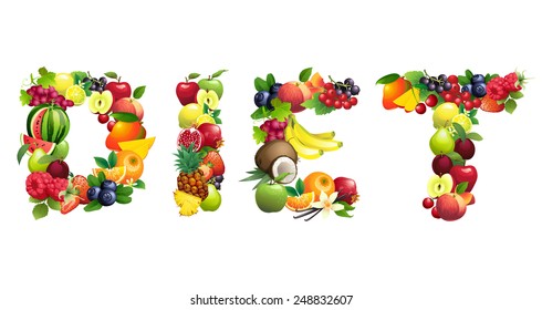 Vector illustration Word DIET composed of different fruits with leaves