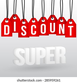 Vector illustration of a word "Discount" on bright red labels hanging on black ropes and 3D text "Super" 