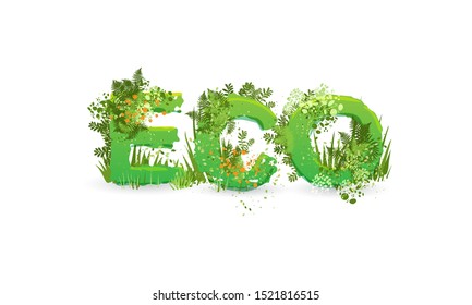 Vector illustration of word Eco with capital letters stylized as a rainforest, with green branches, leaves, grass and bushes next to them, isolated on white. Ecology environmental typeface, eco care