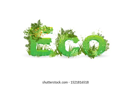 Vector illustration of word Eco with letters stylized as a rainforest, with green branches, leaves, grass and bushes next to them, isolated on white. Ecology environmental typeface, eco care