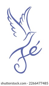 Vector illustration of the word "faith" written in the Portuguese language. Stylized art mixing lettering with a stylized dove.