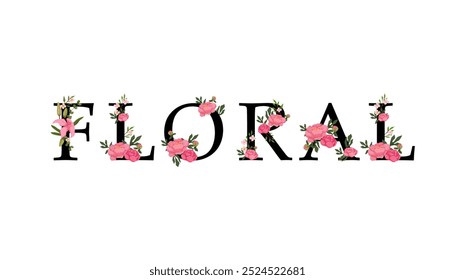 A vector illustration of the word floral in elegant black typography, adorned with pink flowers. Ideal for floral-themed branding, nature-inspired designs, or feminine creative projects.