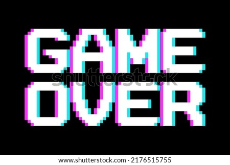 Vector Illustration of the Word Game Over - Play again in cyber noise key design on a black background. For games, banners, web pages. The effect of three-color half-moved letters.