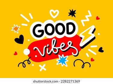 Vector illustration of word good vibes and flash, heart on yellow color background. Flat style design of word good vibes for web, banner, poster, print, sticker