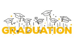 Vector Illustration Of Word Graduation With Graduate Caps On White Background. Caps Thrown Up. Congratulation Graduates 2017 Class Of Graduations. Line Art Design Of Greeting, Banner, Invitation Card