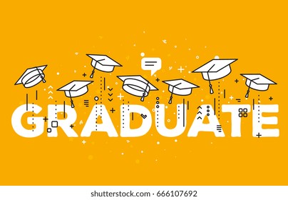 Vector illustration of word graduation with graduate caps on a yellow background. Congratulation graduates 2017 class of graduations. Caps thrown up. Line art design of greeting, invitation card