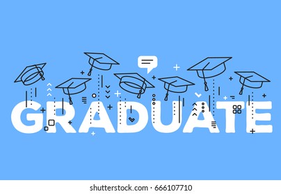 Vector illustration of word graduation with graduate caps on a blue background. Caps thrown up. Congratulation of graduation. Line art design of greeting, invitation card for the graduation party