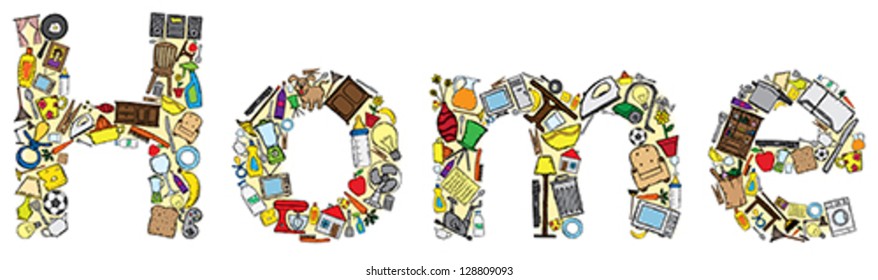 Vector illustration of the word "Home" made with several home related doodles.