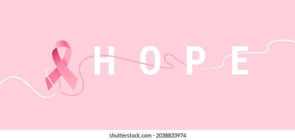 Vector Illustration with Word Hope and Pink Breast Cancer Ribbon with Line on Pink Color Background. Symbol of Breast Cancer Awareness. Design for Poster, Awareness Month Campaign Banner, Print