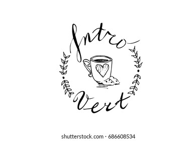 Vector illustration with the word introvert, cup, cookies and heart for badge/tag/icon. Inspirational quote card/invitation/banner. Psychology calligraphy. Introvert lettering. typography poster.