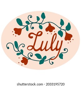 Vector illustration of word July in ellipse with floral elements. Lettering Sticker for calendar, planner, bullet journal. Colorful hand-drawn element