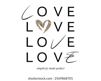 Vector illustration. Word love with animal print heart. Design for printing on shirt, poster, banner, Lovely print for t-shirt.