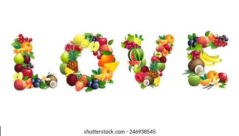 Vector illustration Word LOVE composed of different fruits with leaves
