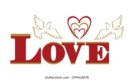 vector illustration of the word love and doves