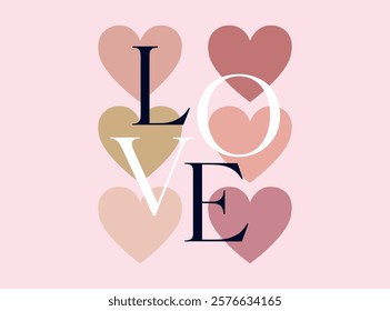 Vector illustration. Word love with hearts background. Lovely T-shirt printing, Celebration templates, ads, branding, banner, cover, label, poster, sales