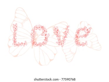 Vector illustration of word love made of pink butterflies