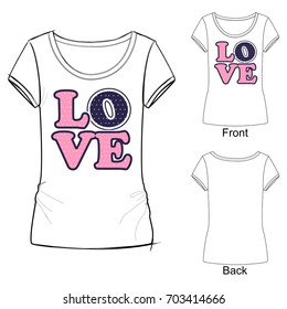 Vector illustration of word "Love" for t shirt. A word composed of letters placed on each other in a column on.