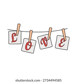 Vector illustration of the word LOVE written on paper cards and hanging from a rope with wooden clothespins isolated on white background.
