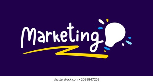 Vector illustration with word markering and shine light bulb on dark background. Business abstract decorative background with word markering and light bulb for business banner, poster, print