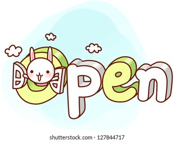 A vector illustration of word Open with a cute rabbit opening a window