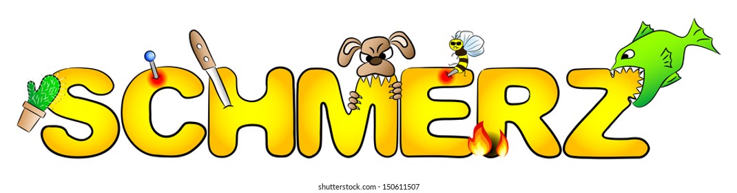 vector illustration of the word pain with many aches Schmerz = pain (deutsch / german) 