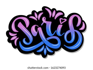 Vector illustration of word Paris in pink and blue gradient color on black shape for souvenir products, logo, banner or emblem, travel blog or social media and advertising. Hand lettering.  