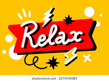 Vector illustration of word relax with red ribbon and flash on color background. Flat style design of word relax for web, banner, poster, print, sticker
