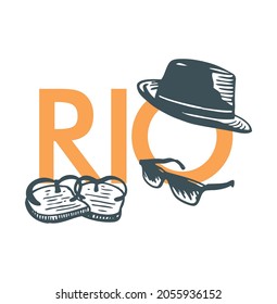 Vector illustration of the word "Rio" in Portuguese, alluding to Rio de Janeiro, Brazil, with hat, glasses and slippers.