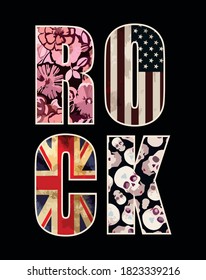 Vector illustration of the word Rock with letters with backgrounds with motifs of flags, floral and skulls.