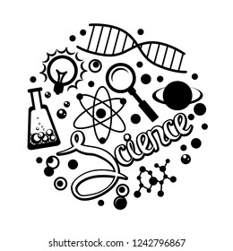 Vector illustration of word science and icons on white background