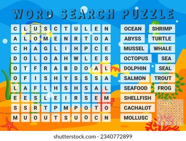 Vector illustration. Word search puzzle. Crossword puzzle on the ocean and the sea. Bright sea background.