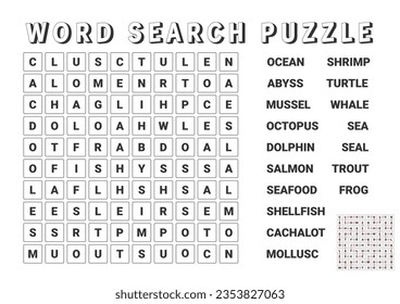 Vector illustration. Word search puzzle. Crossword puzzle on the ocean and the sea