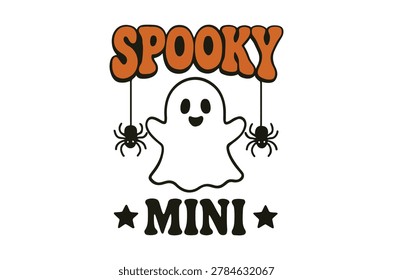 A vector illustration of the word 'spooky mini' with a ghost and spider design, perfect for Halloween themed graphics.