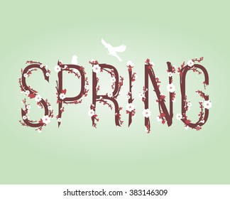 Vector illustration of word "Spring" composed of branches with flowers